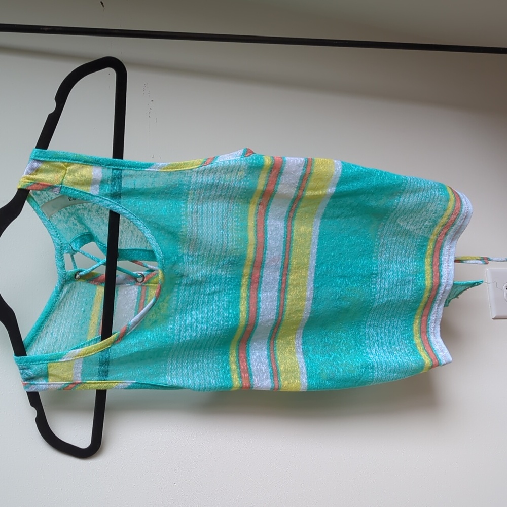 Green Yellow Orange and White Stripe Tank Top with Lace Up Back